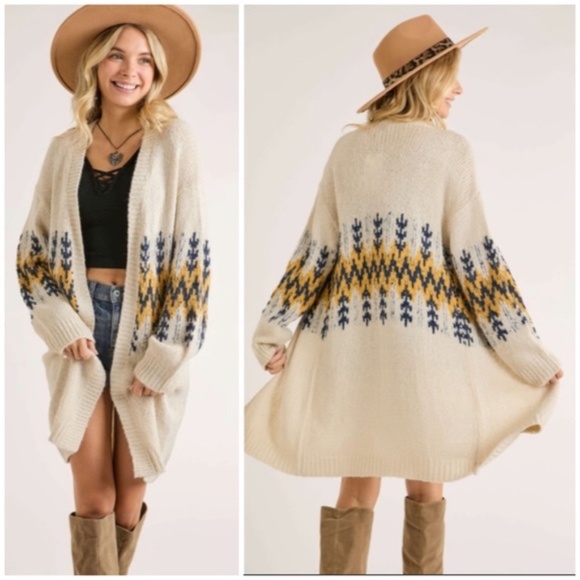 Sweaters - SOLD OUT Ivory Mustard Tribal Pattern Puff Sleeve Knit Cardigan Sweater Fall